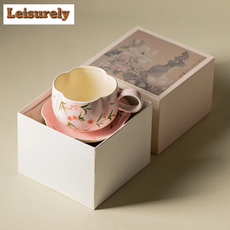 200ml Hand-painted Peach Blossom Coffee Mug With Plate Milk Cup Afternoon Tea Mug Coffee Milk Pot Cup Saucer Kit Cafes Supplies