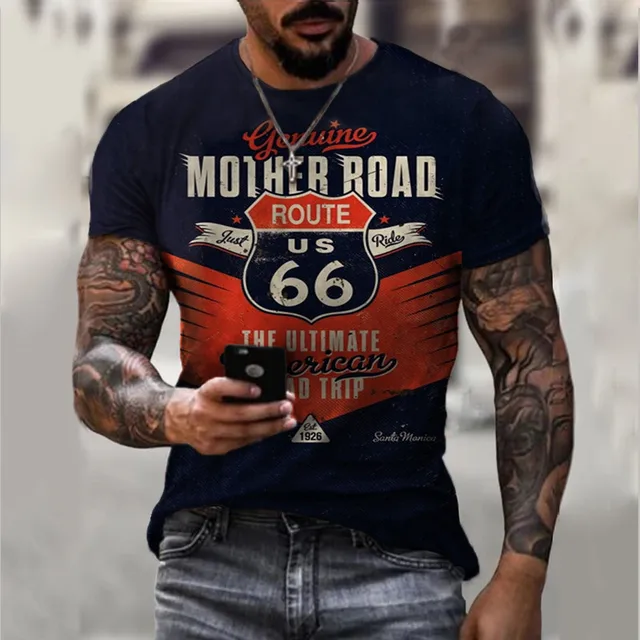 2022 Summer New Men's Retro T-Shirts US Route 66 Letter Print Short Sleeve Oversized Loose Clothes Crew Neck Top Streetwear 6xl D4133