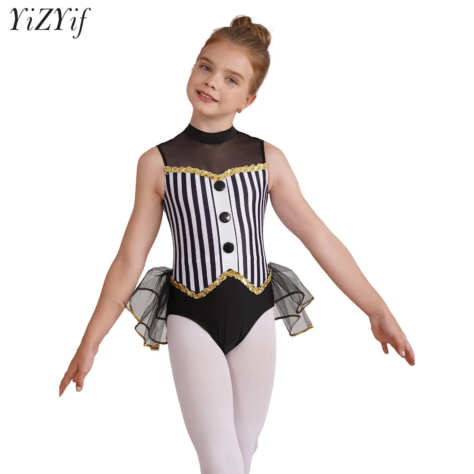 

Kids Girls Gymnastic Leotard Ballet Dance Costume Open Back Striped Leotard Tulle Skirted Bodysuit Ballerina Performance Dresses