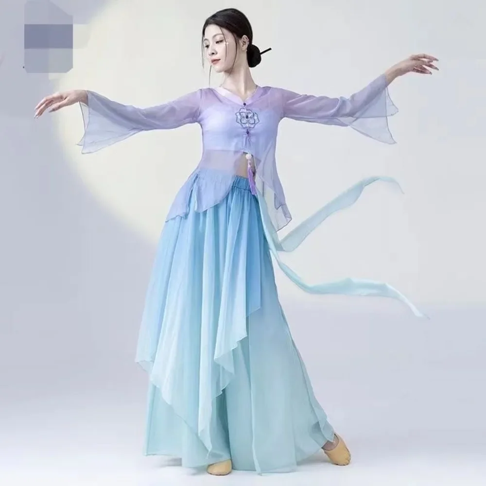 

New Classical Dancing Dress Gauze Clothes Gradient Suit Chinese Classic Dance Bell Sleeve Exercise Clothing Cardigan