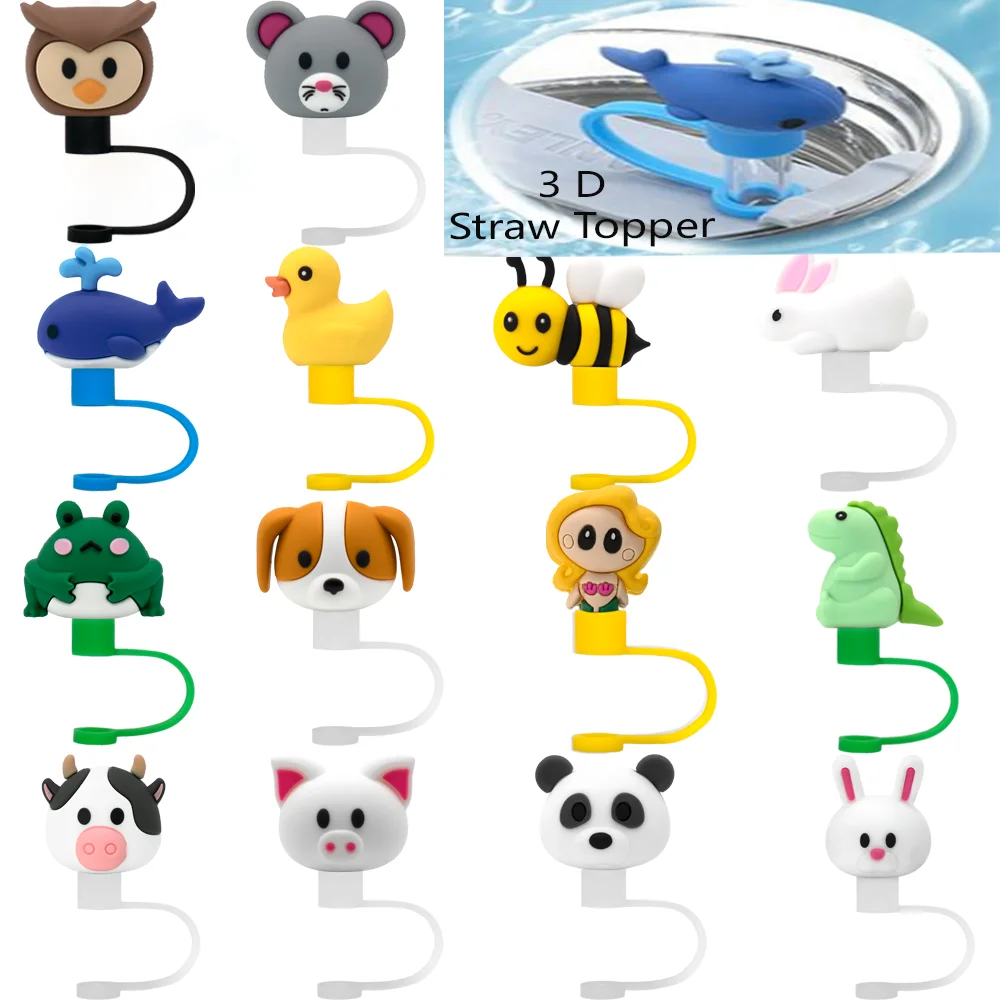 1/14PCS 3D Straw Cap 30&40OZ Drinking Cup Accessories,8mm Dog Panda Straw Topper Drinkware Plug,Dustproof Straw Cover for Girls