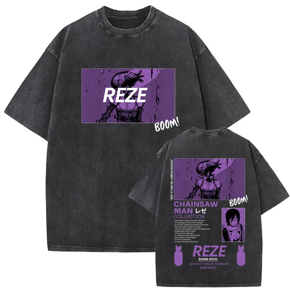 Gewaschenes Vintage Anime Chainsaw Man Reze Grafikdruck T-Shirt Männer Frauen Mode Lässige Baumwoll-T-Shirts Unisex Manga Lovers Geschenk