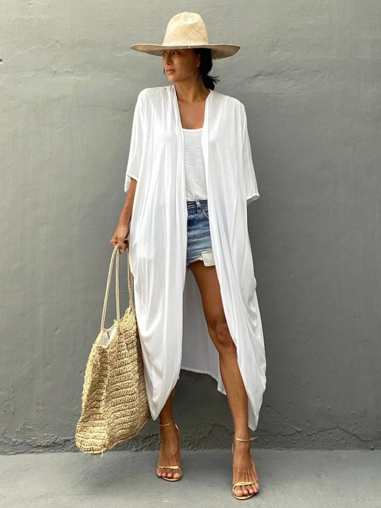 Beach Cover Up Kimono Women Summer 2022 New Pareo Swimsuit Cape Solid Bohemian Tunic Dresses Bathing Suits Dropshipping 3