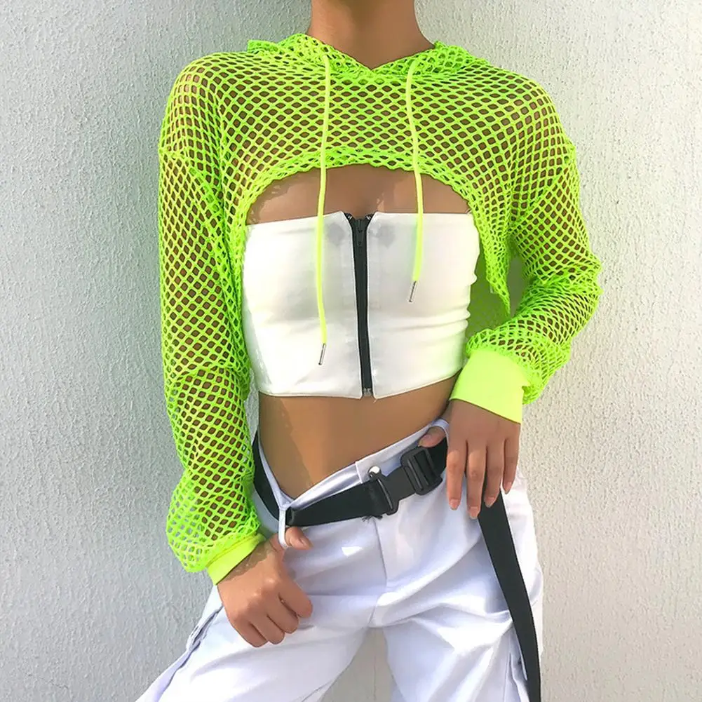 

Mall Goth Streetwear Neon Green Mesh Fishnet Top Women Tshirt Perspective Smock Long Sleeve Women's T-shirts Sexy Cropped Shirt