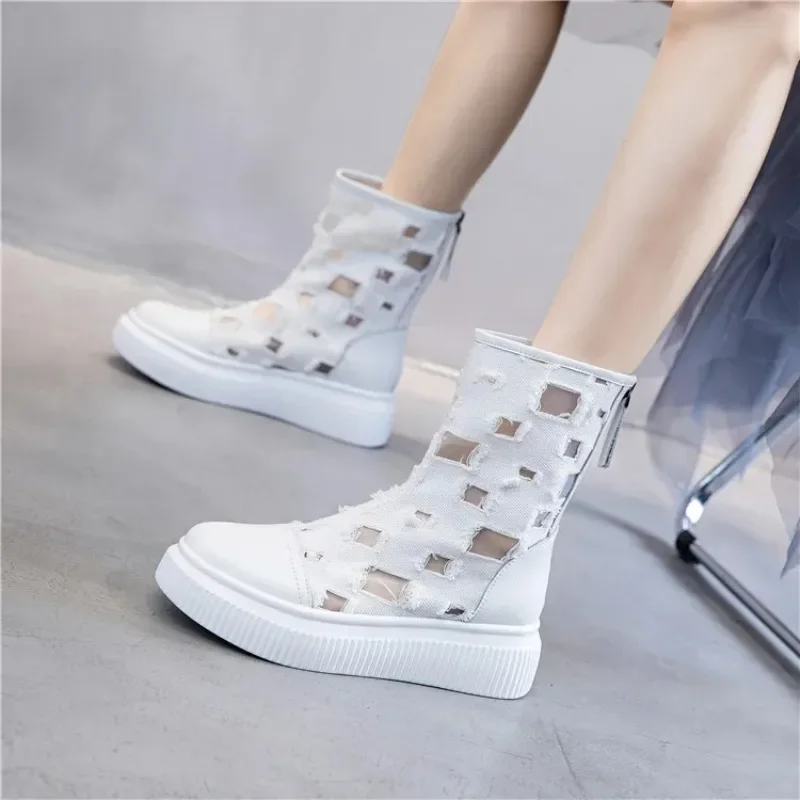 

2023 New Breathable Hollow Mesh Inner Heighten Cool Boot Women's Fashion All-match Summer Thin Denim Canvas Thick-soled Boots 40