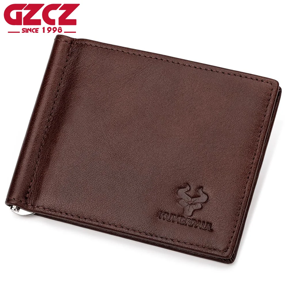GZCZ Slim Men Women Money Clip Genuine Leather Bifold Male Purse Wallet Card Holder Purse Metal Money Clamp For Male