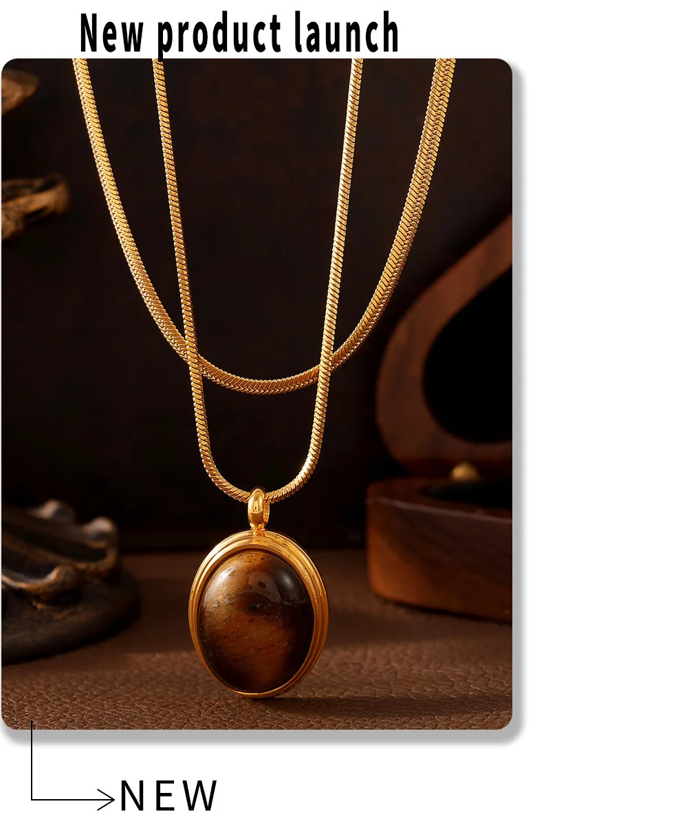 Frauen ovale Perlen Anhänger Edelstahl Halskette Natur Tigerauge Steine vergoldet Luxus Schlüsselbein Kette Schmuck Geschenk – Detail 10
