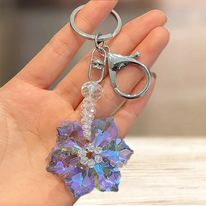 Cute Rhinestone Crystal Snow Flower Key Chain Six Petaled Flower Key Chain Key Ring Holder Pendant Keyring