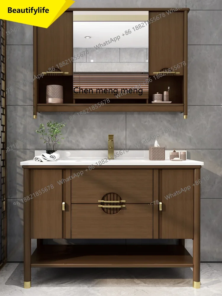 ชุดตู้ห้องน้ำไม้โอ๊คสไตล์จีนใหม่ Q181 ตู้ล้างหน้าไม้แท้ ตู้วางอ่างล้างหน้า ตู้ห้องน้ำ รับสั่งทำ 1