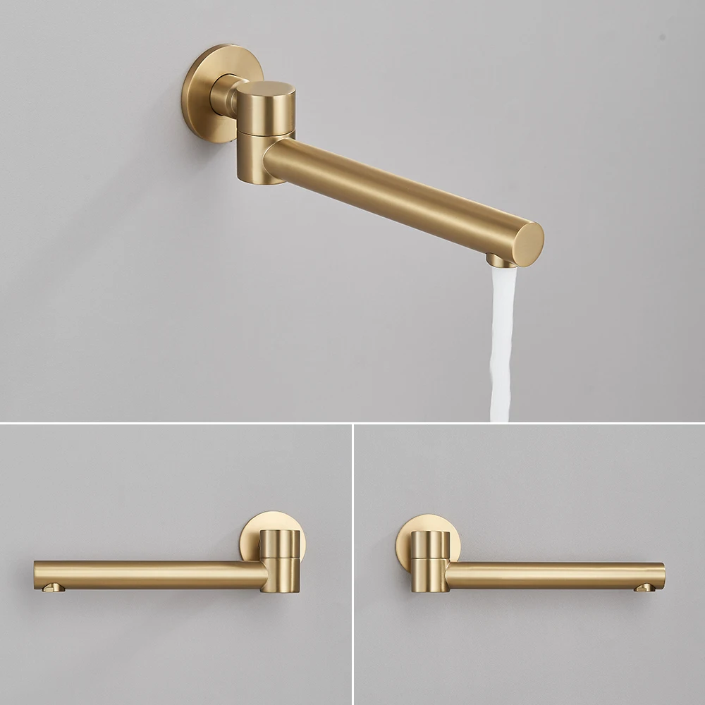 Brushed Gold Bathtub Faucet Wall Mounted Rotating Spout Bath Shower Tap Wall Mounted Bathroom Tub Water Tap Shower Mixer Faucet 3