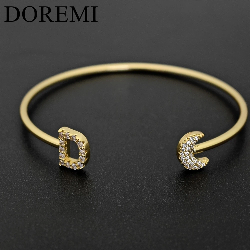 DOREMI Custom Initial Letter Birthstone Coloful Zircon Letter Cuff Bangle Women Custom Moon Star Heart Charm Bangle Gift Jewelry doremi 9mm letter colorful zircon cuff bangle custom initial name hallow bangle personalized adjustable women gifts jewelry