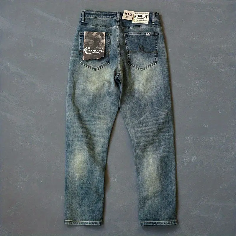 American Hiphop Pants Men's Clothing Jeans Autumn and Winter 2024 New Trendy Brand Retro Washed Elastic Small-legged Pants 2