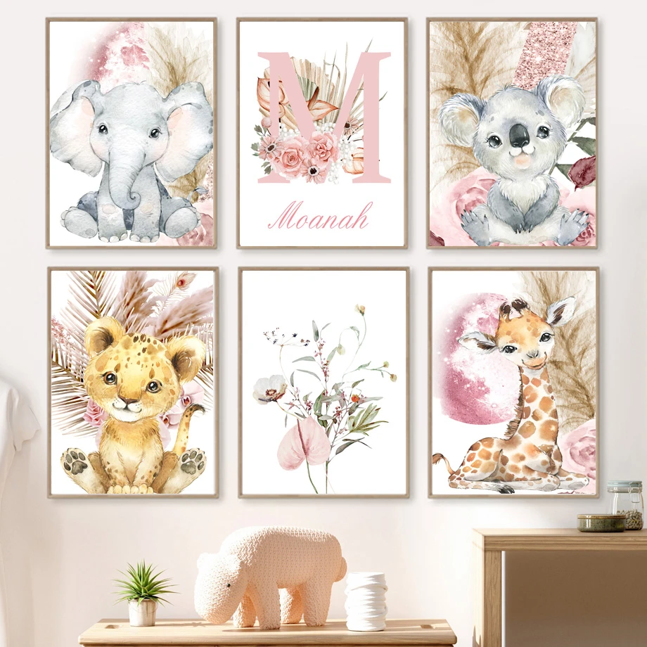 Koala Elephant Giraffe Lion Custom Name Cartoon Animal Wall Art Canvas