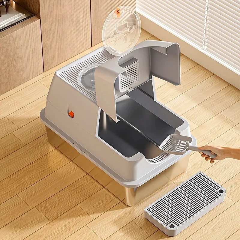 스테인리스 스틸 고양이 화장실 (뚜껑 포함) - 냄새 차단 밀폐형 높은 측면 디자인, 스쿱 포함, 누수 방지 및 간편 세척