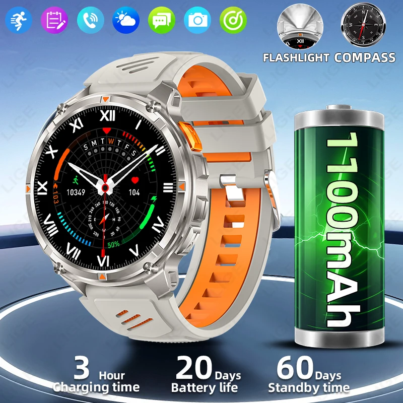 LIGE New 1100mAh Battery Smart Watch Military Compass LED Flashlight Men Outdoor Sport Watches Voice Calling 1.7" HD Smartwatch