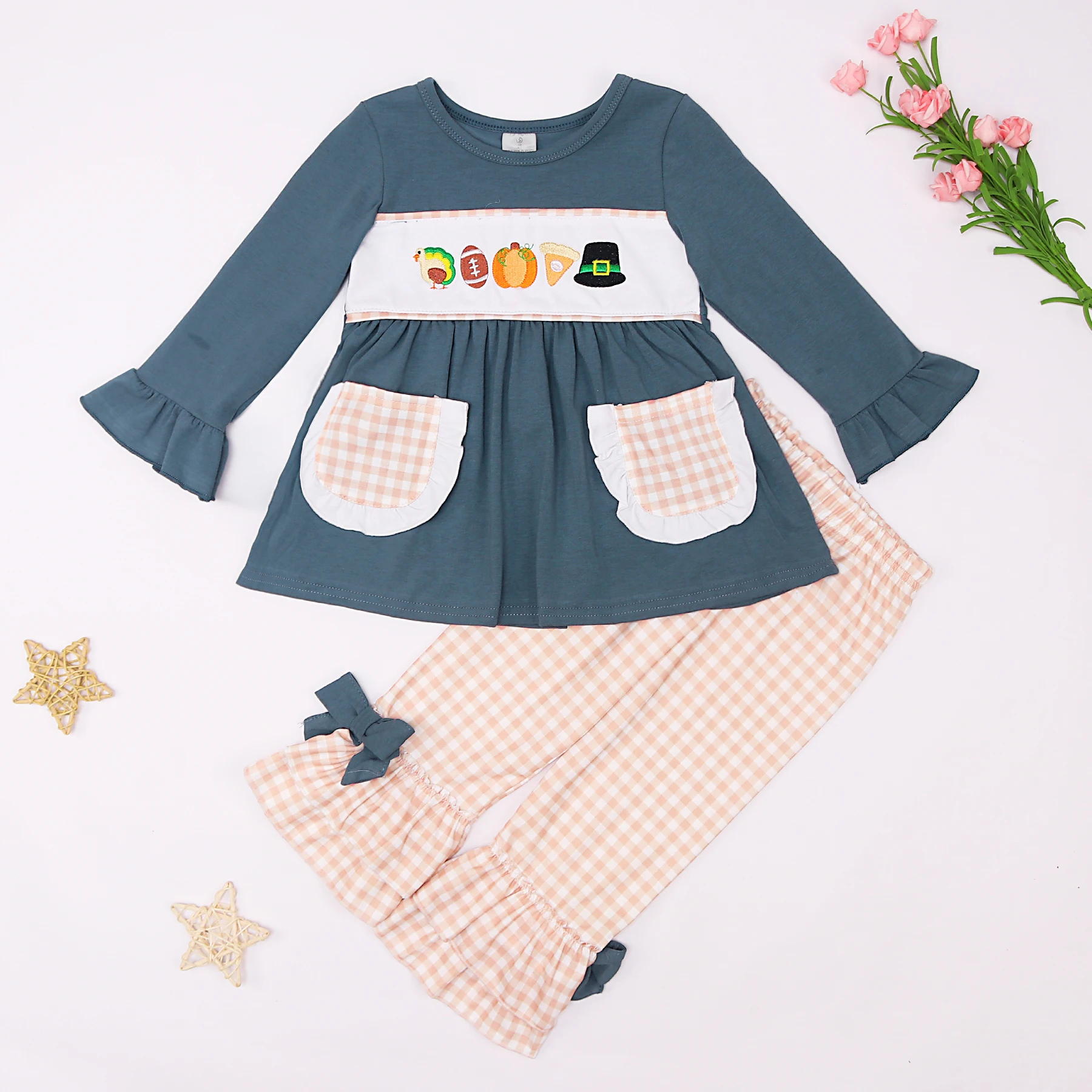 

Toddler Thanksgiving Outfits Baby Girl Clothes Set 2pcs Cotton Turkey Embroidered Bodysuit Long Sleeve Lattices Pants For 1-8T
