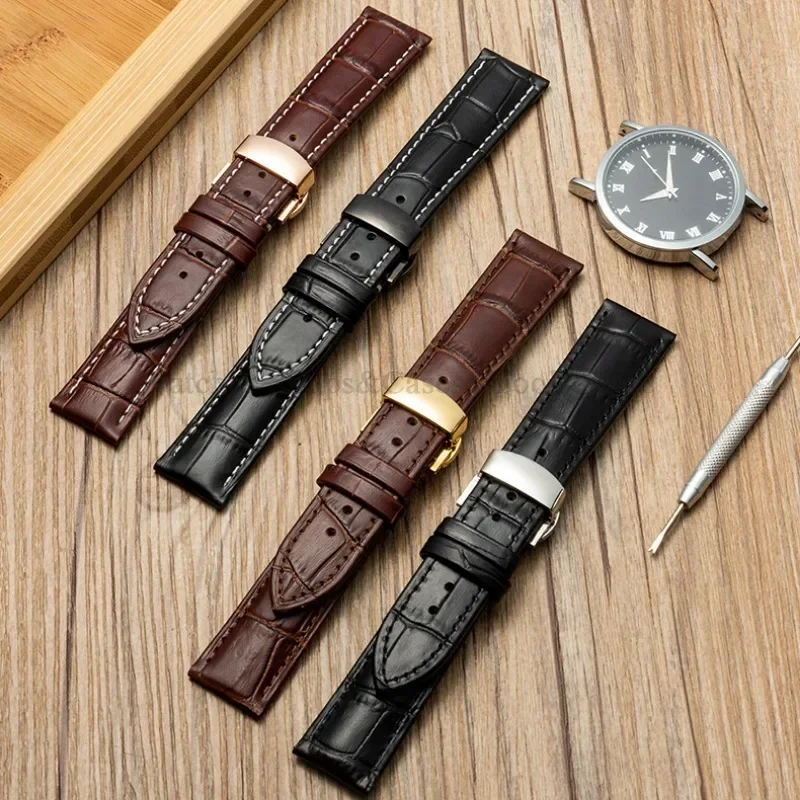 Genuine Leather Watchband with Butterfly Clasp – Universal Strap Bracelet