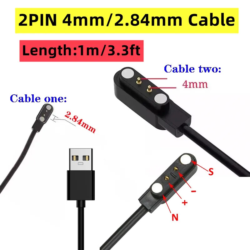 Cable de carga de respaldo de emergencia para reloj inteligente, 2 pines,  2,84mm, 4mm, imán de succión, cargador de alimentación USB, envío rápido  Correas de 2 pines para reloj inteligente, cable de