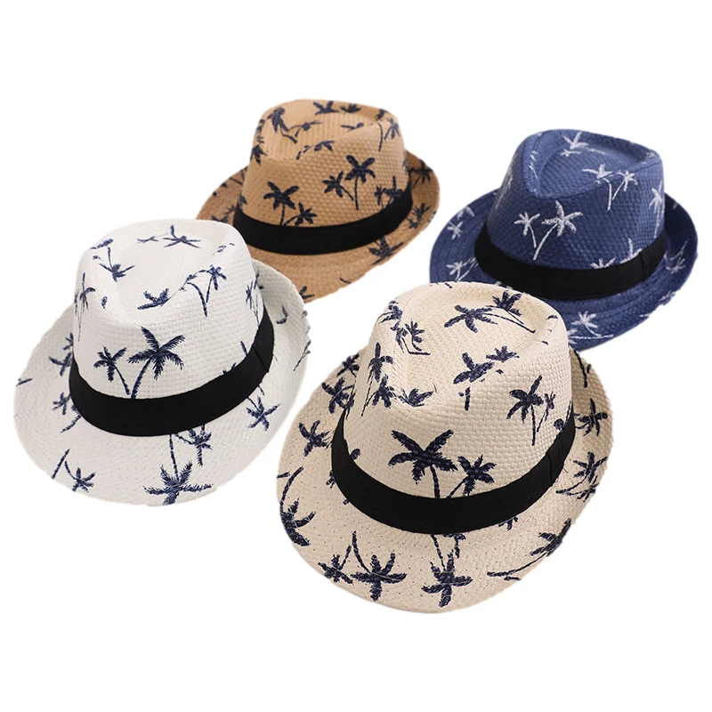 Summer Beach Kids Hats Coconut Tree Print Parent-Child Straw Hat for Girls Boys Outdoor Travel Mom Dad Children Accessories summer baby straw hat panama straw hat lace ribbon decorative handmade foldable sun hat beach sunscreen outdoor parent child hat