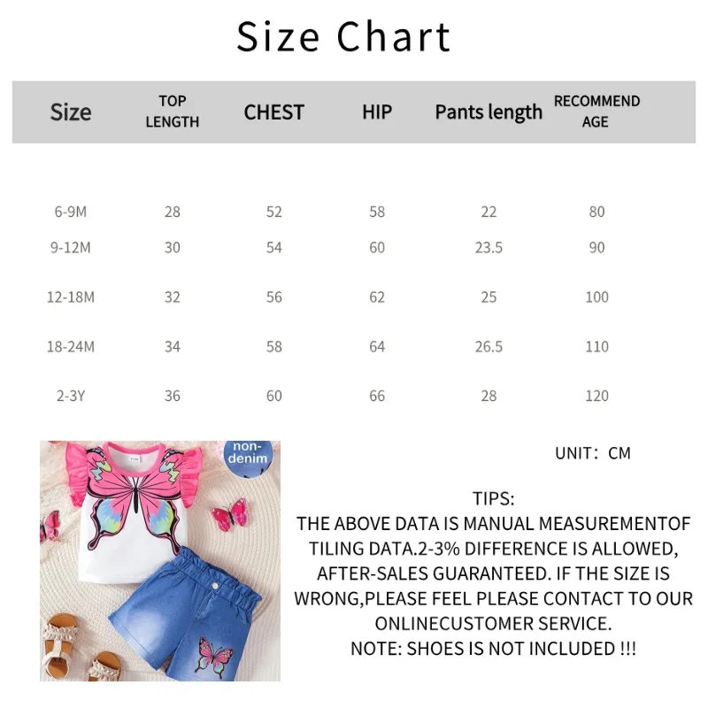 Baby Girl 2PCS Fashion Summer Outfit Set Butterfly Print Ruffle Sleeve T-Shirt + Denim Shorts for 0-3Y Newborn Casual Clothes 6