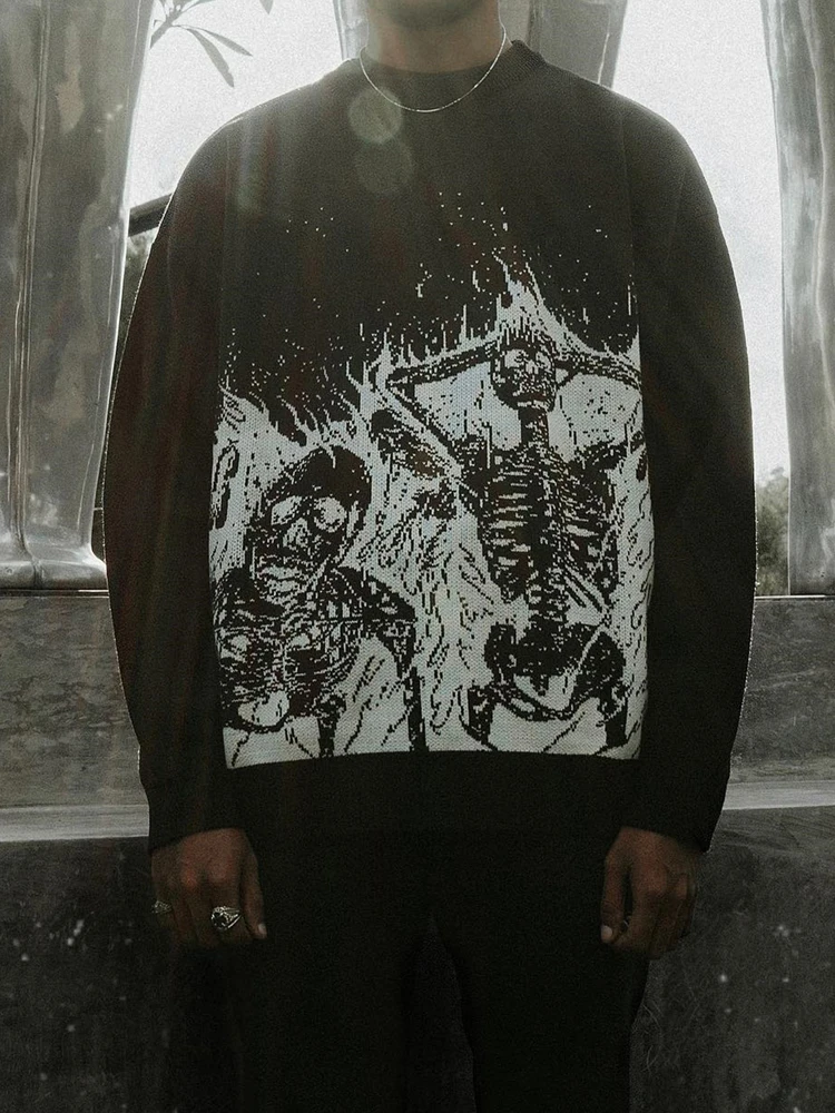 Aesthetics Street Apparel Knitted Sweater Gothic Skull Pullover Harajuku Cotton Unisex Sweater Large Sweater Loose Y2K EMO 2