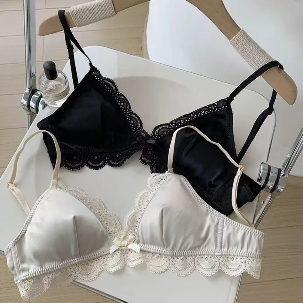 Fashion Triangle Cup Bow Lace Bra for Women Small Chest Satin Underwear Sweet Girl Breathable Comfortable Soft Bra 2