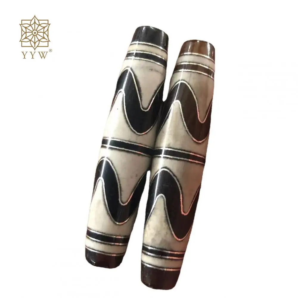 Tiger Tooth Natural Tibetan Agate Onyx Dzi Beads Green Tara Mother Unique Drum Shape Stone Jewelry Making Arts Crafts 56x13mm