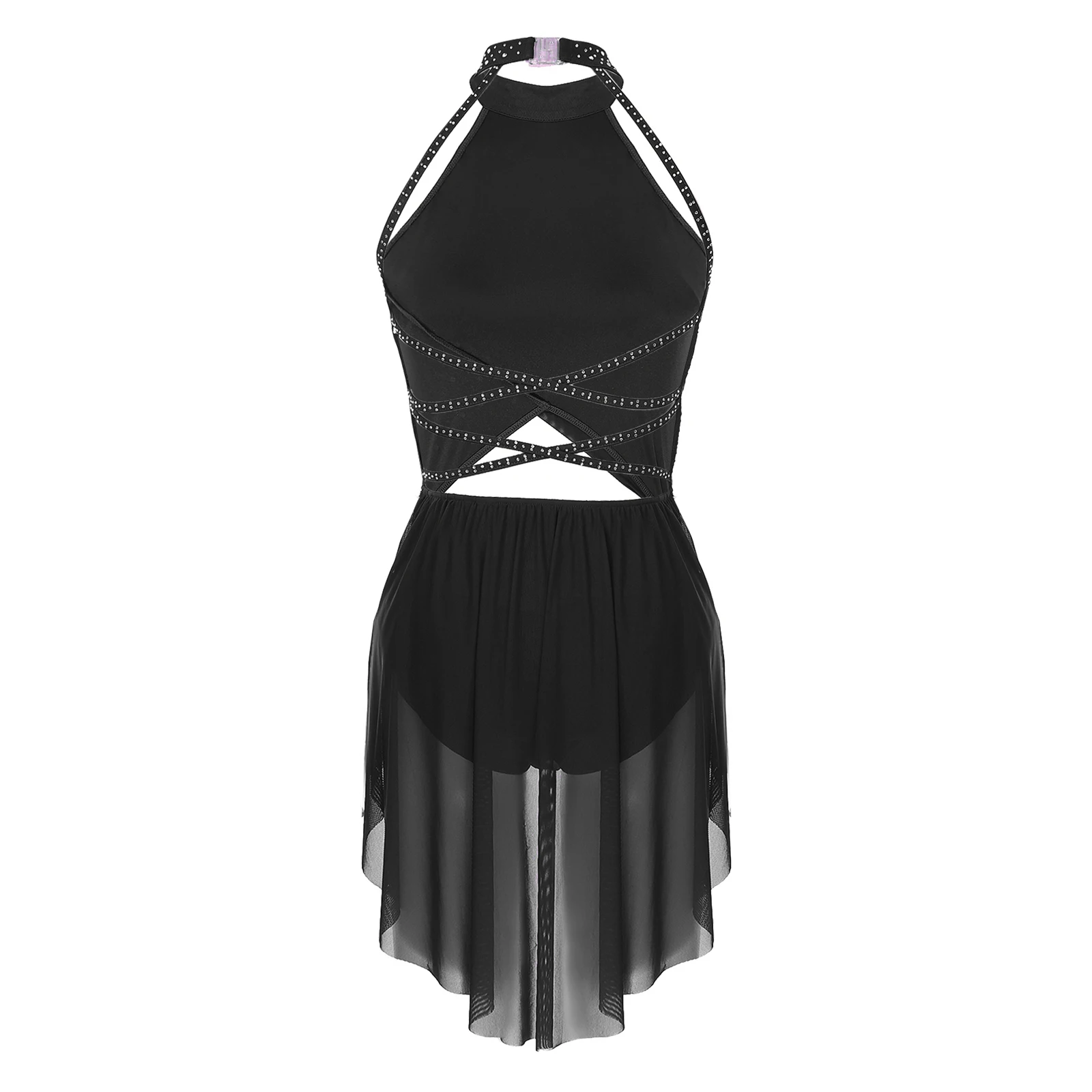 Damen-Balletttrikot mit glitzernden Strasssteinen, lyrisches Tanz-Performance-Kostüm, durchsichtiges Mesh-Overlay, Tanztrikot-Kleid – Detail 5