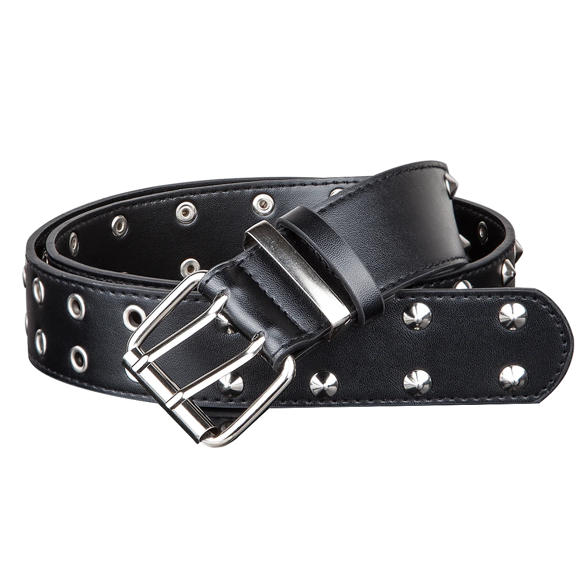 Chic Punk Women Belt PU Leather Double Pin Buckle Wind Jeans Female Black Grommet Belts Retro Long Waistband For Pants Unisex