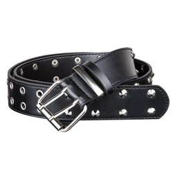 Chic Punk Women Belt PU Leather Double Pin Buckle Wind Jeans Female Black Grommet Belts Retro Long Waistband For Pants Unisex