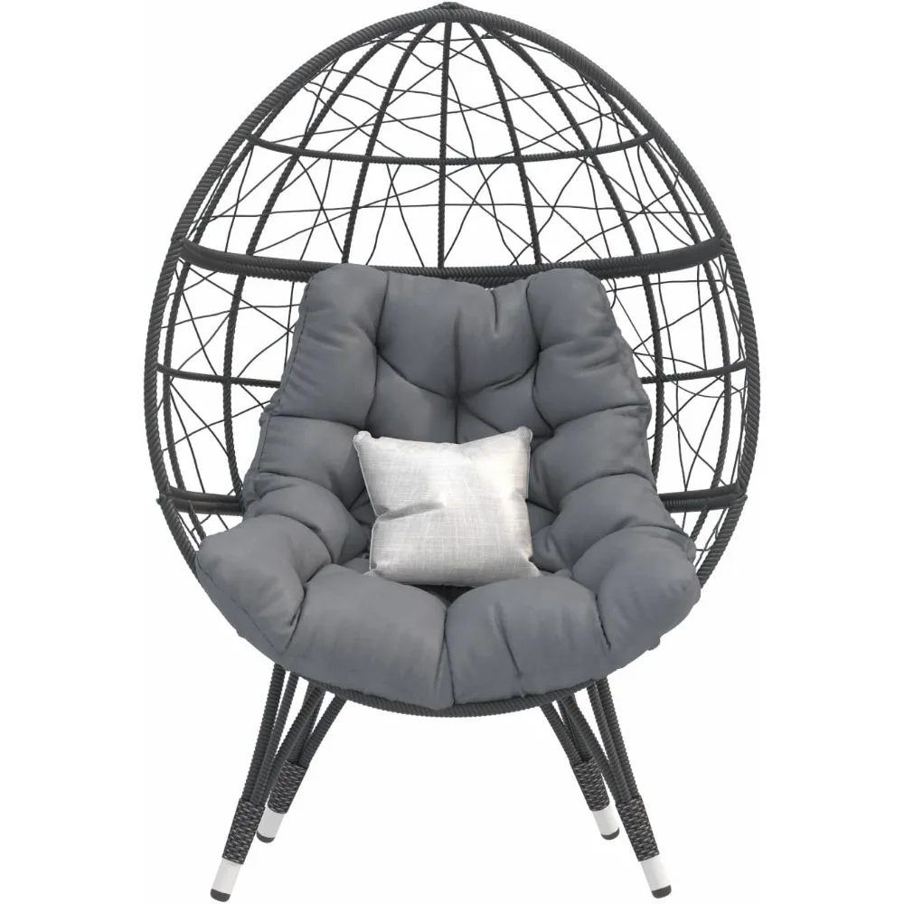 Oversize Wicker Egg Chair, Outdoor Indoor Egg Basket Lounge Chair w Large Cushion for Patio Backyard Garden Living Room (Grey) 5