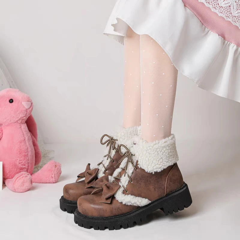 Women's Lolita Bowknot Short Ankle Boots, JK Uniform Street
