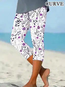 Plus Size 1XL-5XL Women's  Fashion Cropped Leggings  Ladies Floral Printed Casual Tight Pants Seven-point Leggings