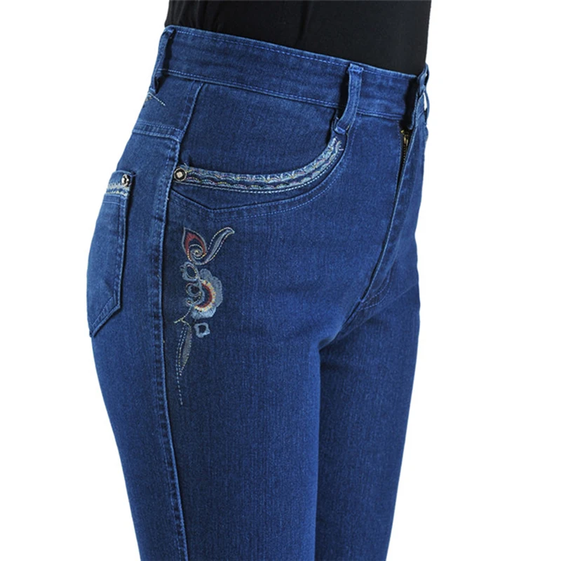 2023 Casual Pants Women Summer Jeans Elasticity Straight Pants Embroidery Middle-Aged Female High Waist Denim Pants middle aged women casual straight pants spring summer ankle length trousers female high elastic waist pants pantalon mujer