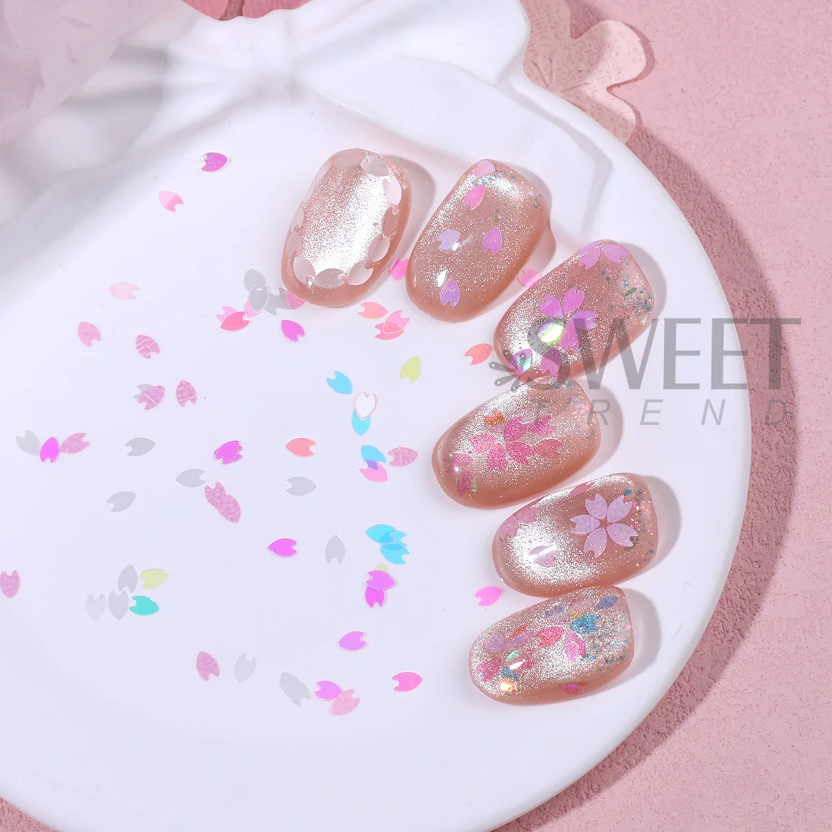 6 Grids Spring Romantic Cherry Blossom Nail Art Sequin Holographic Pink Sakura Petal Shape Sparkly Slices Mermaid Manicure Decor