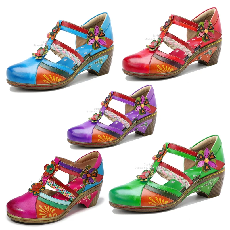 

Mixed Colors Printed Custom Mary Jane Shoes Vintage Red Green Purple Embroidered Flowers Shoes Wedge Heels Woven Stripe Design
