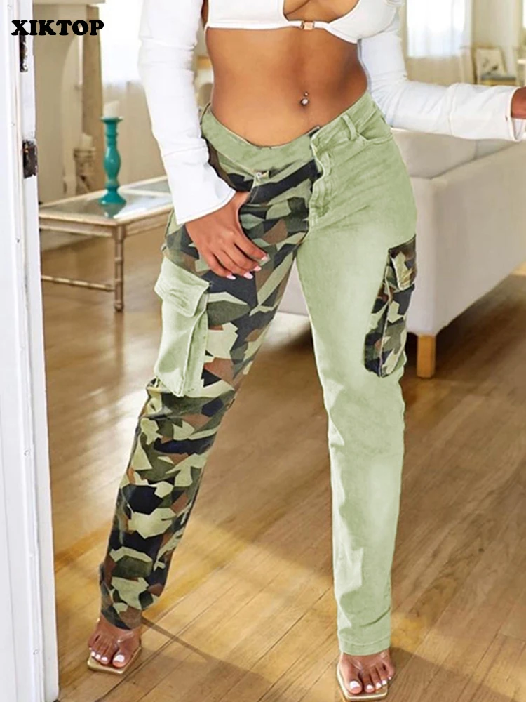 

XIKTOP Camouflage Patchwork Jeans Women 2023 Fashion Pockets Straight Trousers Casual All-Matching Denim Pants Hipster Safari