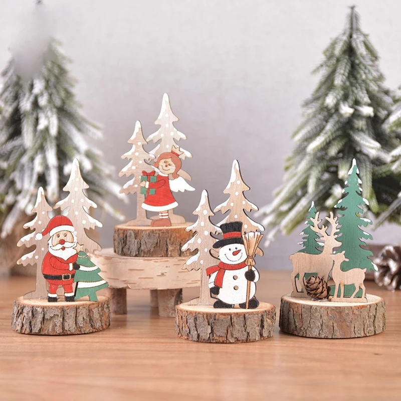 

4 PCS Christmas Ornament Wooden Table Decoration Wood Living Room Ornaments Christmas Tree Santa Snow Angel Type Home Ornaments