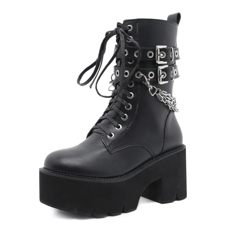 Women Boots Style Square Heel Zipper Thick Sole Shoes Rivet Belt Buckle Chain Martin Boots Fashion Platform Boots Sizes 35-43