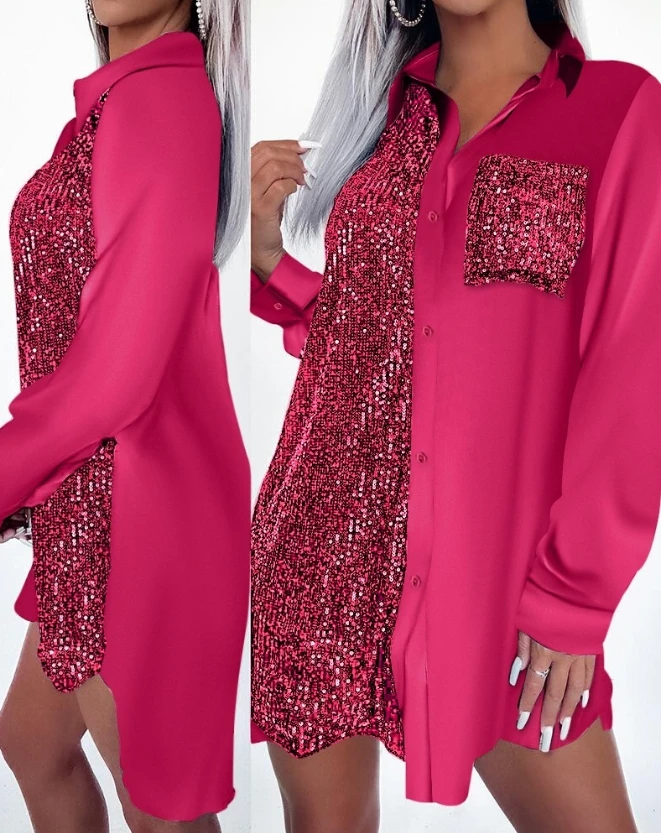 

Womens Dresses Spring Fashion Contrast Sequin Pocket Design Casual Turn-Down Collar Long Sleeve Plain Daily Straight Shirt Dress