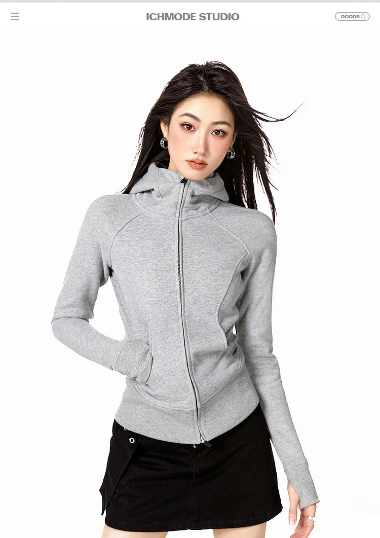 Slim and thin sweet and cool versatile hooded short sweater solid color American basic casual jacket women's autumn 6