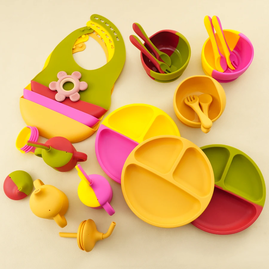 Color Kids 6PCS Silicone Baby Feeding Set Sucker Bowl Dinning Plate Straw Cup Spoon Fork Toddler Dishes Bib Children's Tableware 2