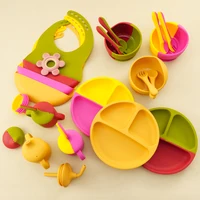 Color Kids 6PCS Silicone Baby Feeding Set Sucker Bowl Dinning Plate Straw Cup Spoon Fork Toddler Dishes Bib Children's Tableware 2