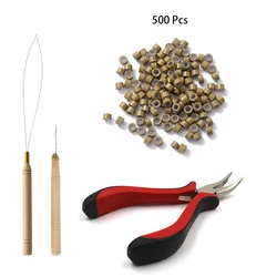 Premium Hair Extension Toolkit with Micro Ring Beads and Styling Tools - 500 pcs (Brown Combo Set)