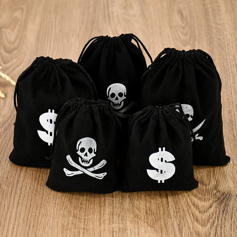 5 stücke Halloween Piraten Schädel Süßigkeiten Geschenk Taschen Gold Münze Kordelzug Beutel Geschenk Süßigkeiten Lagerung Tasche Geburtstag Halloween Party Liefert
