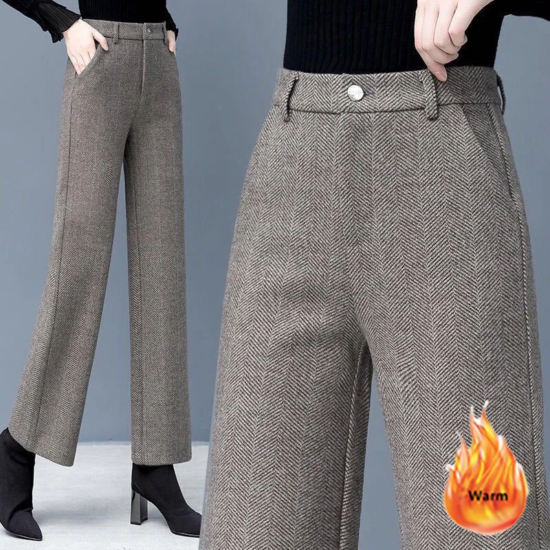 Women Woolden Wide Leg Pants Korean Fashion Plus Velvet High Waist Pantalones All-Match Lady Office Large Size Suit Trousers