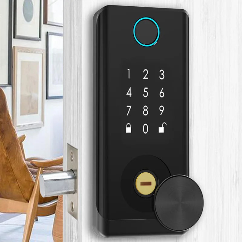 

Black Tuya Bluetooth Electronic Smart Door Lock with Digital Fingerprint Password Card Keyless Entry Deadbolt Automatic Locking