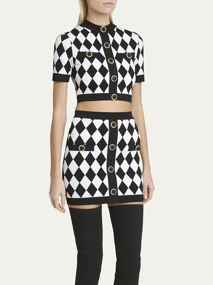 

dress sety2kspring/summer black and white check single-breasted short-sleeved Top women2024hipster knit 2piece sets women outfit