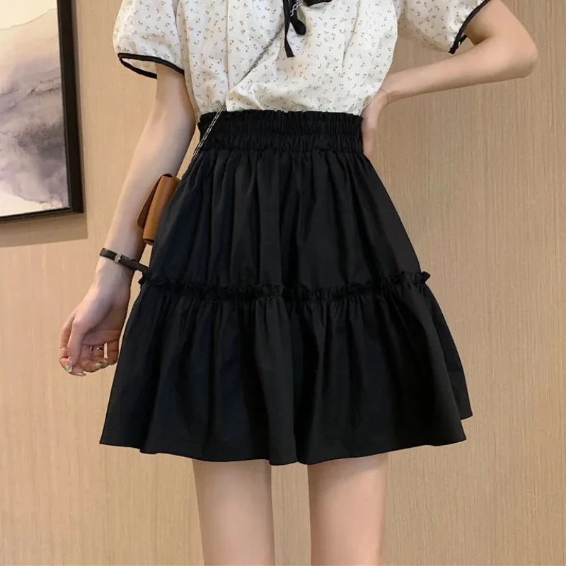 JMPRS Elegant White Women Mini Skirt Elastic High Waist A Line Fashion Ruffles Student Skirts Summer Black Casual Ladies Skirts pleated midi skirt