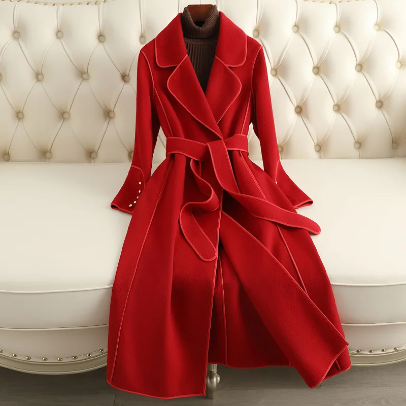 Double-Sided Cashmere Coat for Women, Slim Fit, Long Below the Knee, High-End Woolen Outwear, Female Fashion, Winter, New, 2024